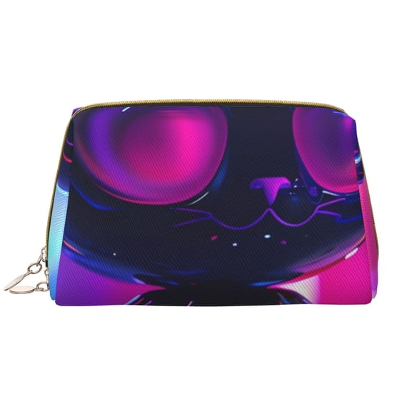 Picia Neon Toy Cat Reflections Print Leather Makeup Bag Make Up Bag Travel Toiletry Bag for Her Girlfriend Teacher Teen Girl Gifts