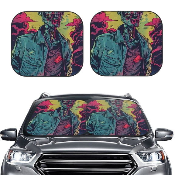 Picia Neon Zombie Skull 2 Piece Car Windshield Sun Shade Foldable | Foldable Sun Shield for Front Window Blocks UV Rays and Keeps Your Vehicle Cool-Small