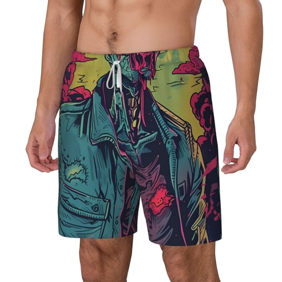 Picia Neon Zombie Skull pattern Mens Swim Trunks with Compression Liner Stretch Beach Shorts Quick Dry with Zipper Pockets No-Chafing Board Shorts-X-Large