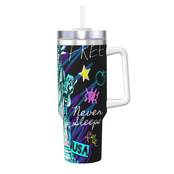 Picia New York City Pattern 40oz Ice Bully Insulated Tumbler with Handle, Double-Wall Stainless Steel Cup, Leak-Proof Lid and Straw
