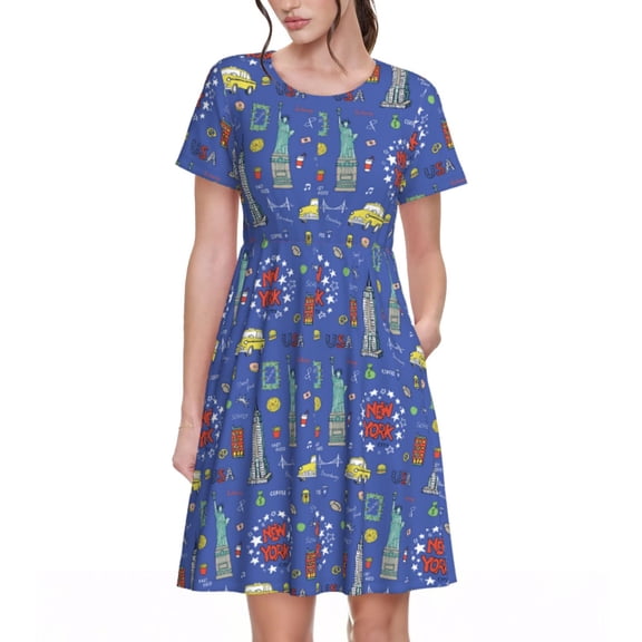 Picia New-York City Pattern Women's Short Sleeve Summer Dress Pleated Loose Swing Knee Length Short Sleeve Swing Dresses