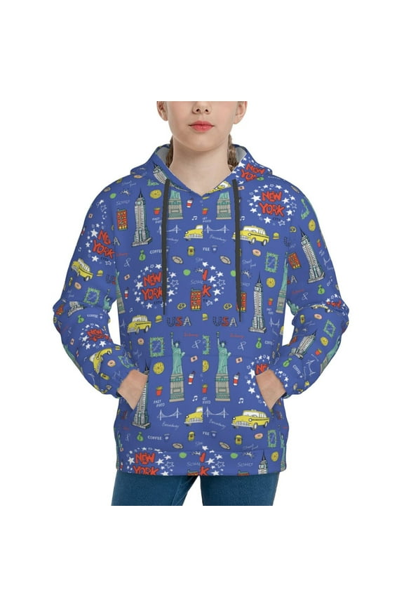 New-York City Pattern Youth Hoodie - Warm Pullover Sweatshirt with Kangaroo Pocket, Ideal for Boys and Girls-Large