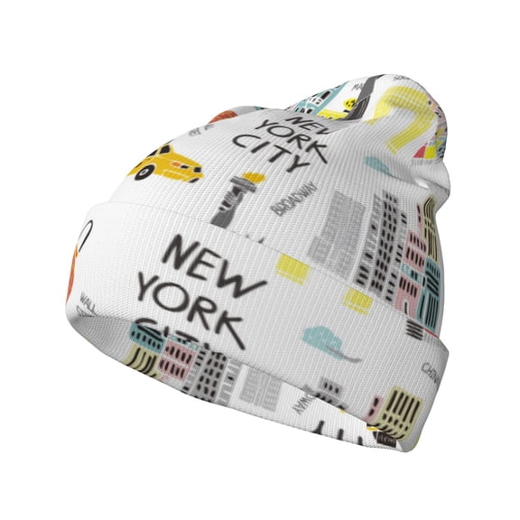 Picia New York Pattern Knitted Beanie Hat for Men and Women , Unisex Winter Warm Stretchy Knit Cap Thick Fisherman Beanies Cuffed Plain Skull Caps