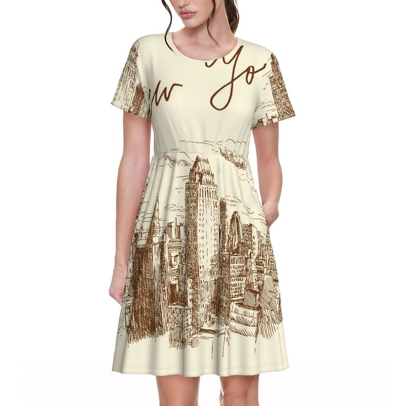 Picia New York Pattern Women's Short Sleeve Summer Dress Pleated Loose Swing Knee Length Short Sleeve Swing Dresses