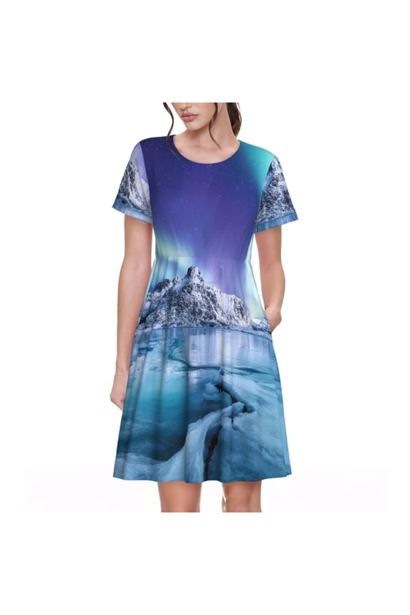 Night At Lake Aurora 1 Pattern Women's Short Sleeve Summer Dress Pleated Loose Swing Knee Length Short Sleeve Swing Dresses