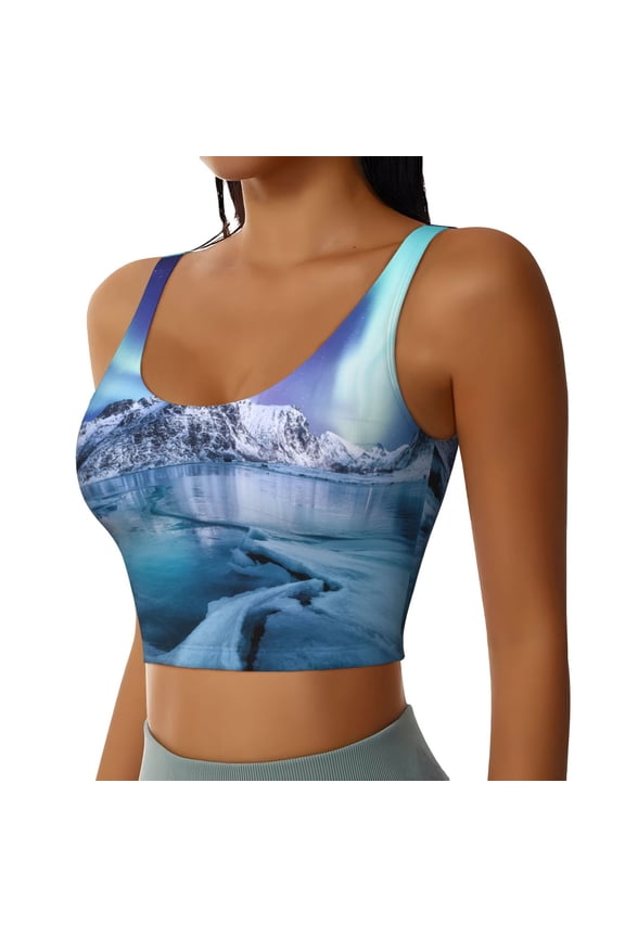 Night At Lake Aurora 1 Sports Bra for Women,Padded Strappy Sports Bras Medium Support Yoga Bra with Removable Cups,Running Yoga Bra-X-Large