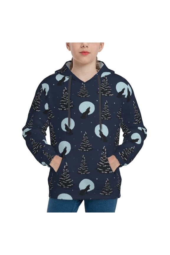 Night Forest Wolf Pattern Youth Hoodie - Warm Pullover Sweatshirt with Kangaroo Pocket, Ideal for Boys and Girls-Small