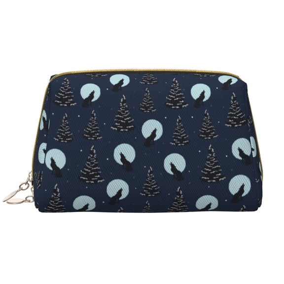 Picia Night Forest Wolf Print Leather Makeup Bag Make Up Bag Travel Toiletry Bag for Her Girlfriend Teacher Teen Girl Gifts
