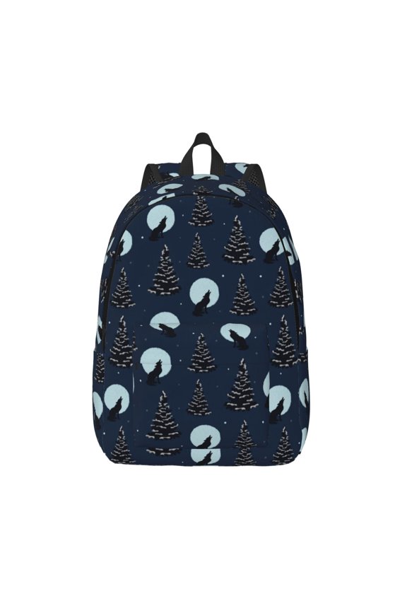 Night Forest Wolf Printed Canvas Daypack - Stylish and Durable Vintage Compact Backpack - Class, Work, Travel, or Laptop Bookbag,Organized Compartments-Small