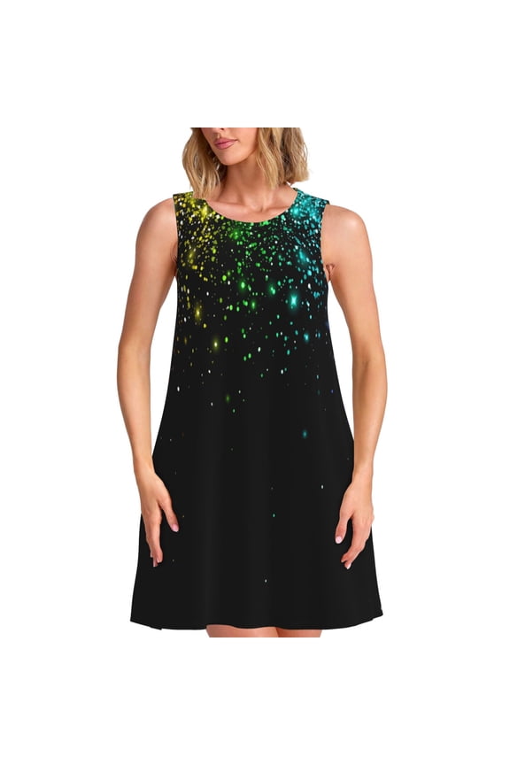 Night Rainbow Sparkles Print Women’s Sleeveless Midi Swing Dress – A-Line Pleated Tank Sundress, Comfortable and Flowy T-Shirt Dress