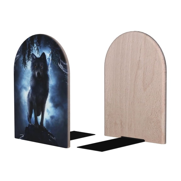 Picia Night Scene of Wolves Pattern Wood Bookends for Shelves,Non-slip Bookends, Heavy Duty Wooden Bookend Support,1 Pair