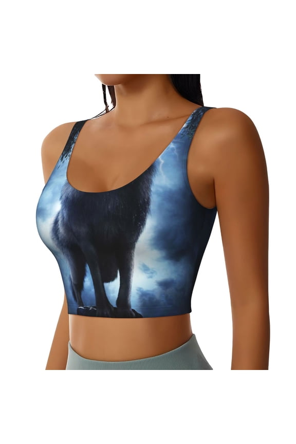 Night Scene of Wolves Sports Bra for Women,Padded Strappy Sports Bras Medium Support Yoga Bra with Removable Cups,Running Yoga Bra-Medium