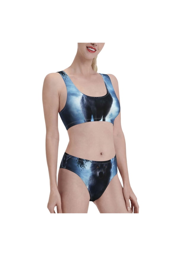 Night Scene of Wolves Women's High Waisted Bikini Scoop Neck Swimsuit Two Pieces Bathing Suit-Small