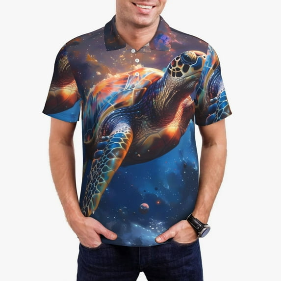 Picia Night Sky Turtle Print Men's Polo Shirt, Two-Button Closure Pique Polo Shirt, Summer Fashion Golf Shirt-XX-Large