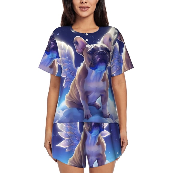 Picia Night Sky Winged French Bulldog Pajamas Sets for Women Soft Short-Sleeved Pjs with Lounge Shorts Two Piece Sleepwear-Small