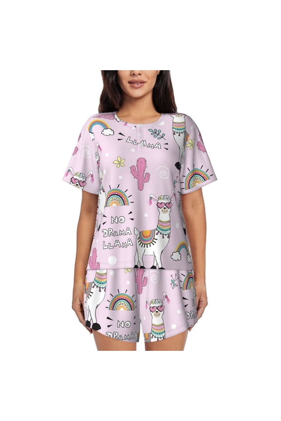 No Drama Llama Pajamas Sets for Women Soft Short-Sleeved Pjs with Lounge Shorts Two Piece Sleepwear-3X-Large