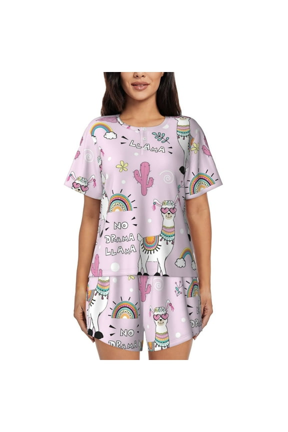 No Drama Llama Pajamas Sets for Women Soft Short-Sleeved Pjs with Lounge Shorts Two Piece Sleepwear-