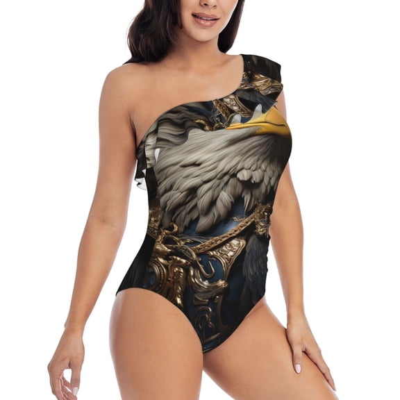 Picia Noble Style Bald Eagle Pattern Women's One Piece Swimsuits,One Shoulder Swimwear Asymmetric ,Ruffle Monokinis Bathing Suits,High Waisted Flattering Bathing Suits-Medium