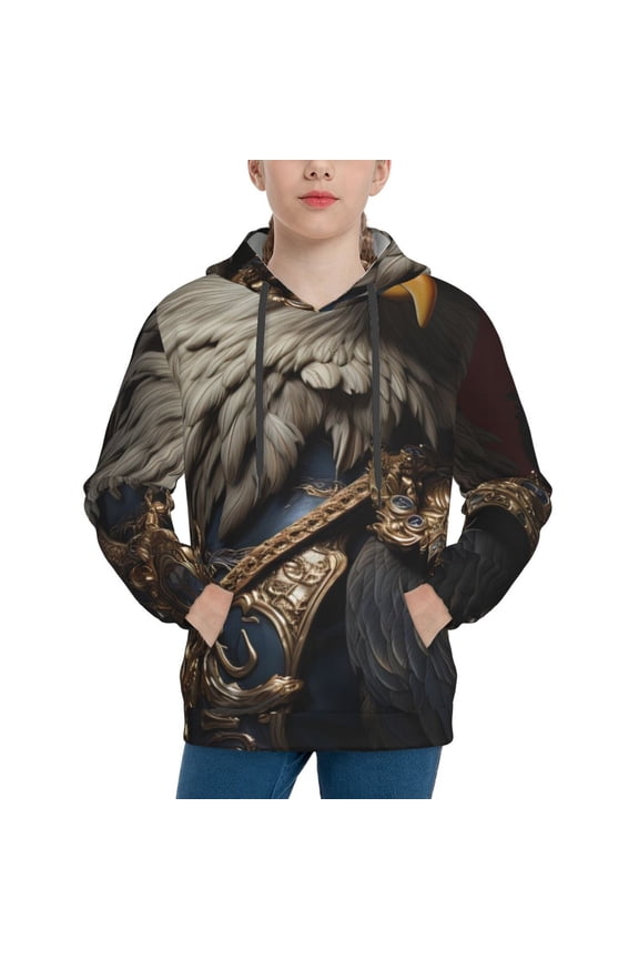 Noble Style Bald Eagle Pattern Youth Hoodie - Warm Pullover Sweatshirt with Kangaroo Pocket, Ideal for Boys and Girls-Medium