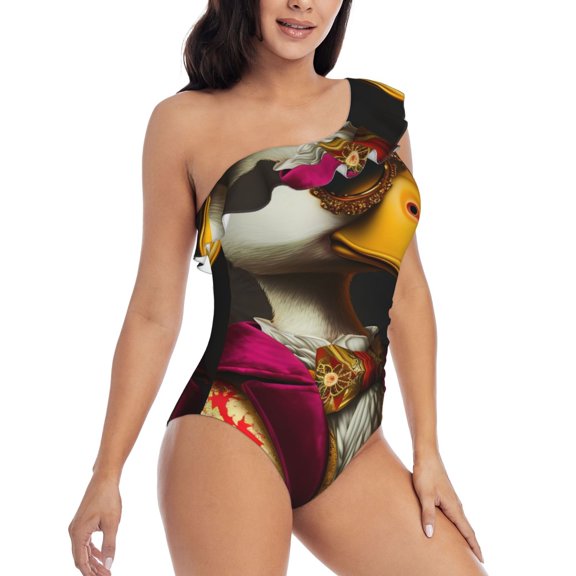Picia Noble Style Duck Pattern Women's One Piece Swimsuits,One Shoulder Swimwear Asymmetric ,Ruffle Monokinis Bathing Suits,High Waisted Flattering Bathing Suits-Large