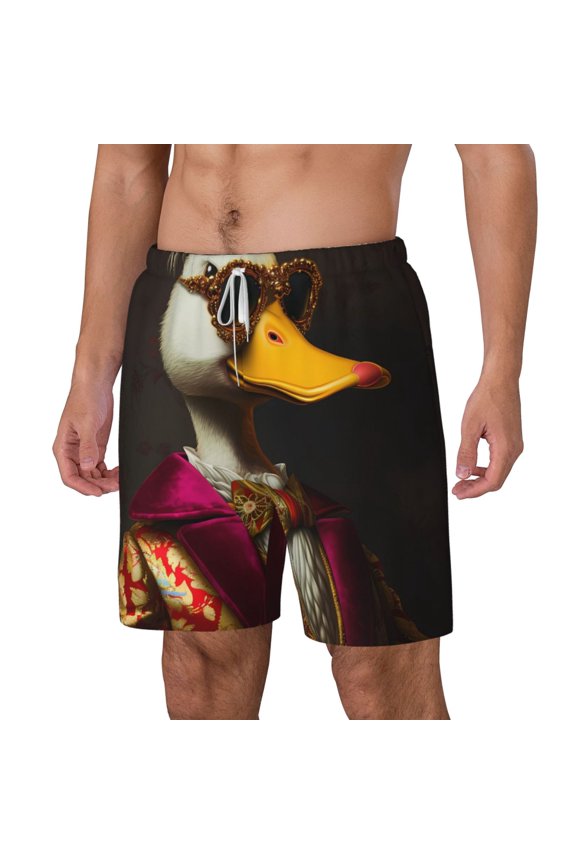 Noble Style Duck pattern Mens Swim Trunks with Compression Liner Stretch Beach Shorts Quick Dry with Zipper Pockets No-Chafing Board Shorts-Small