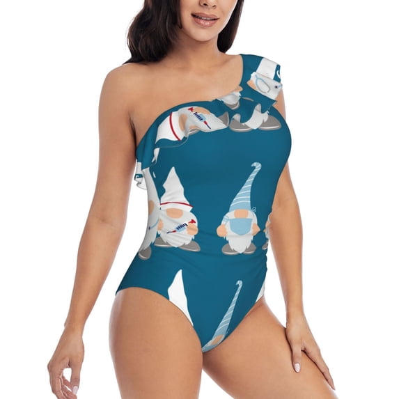 Picia Nurse Doctor Gnomes Pattern Women's One Piece Swimsuits,One Shoulder Swimwear Asymmetric ,Ruffle Monokinis Bathing Suits,High Waisted Flattering Bathing Suits-