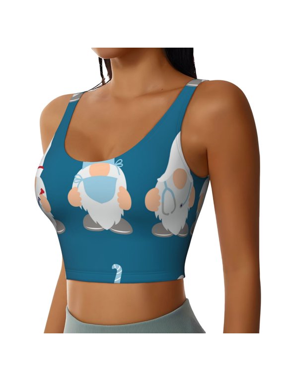 Nurse Doctor Gnomes Sports Bra for Women,Padded Strappy Sports Bras Medium Support Yoga Bra with Removable Cups,Running Yoga Bra-Medium