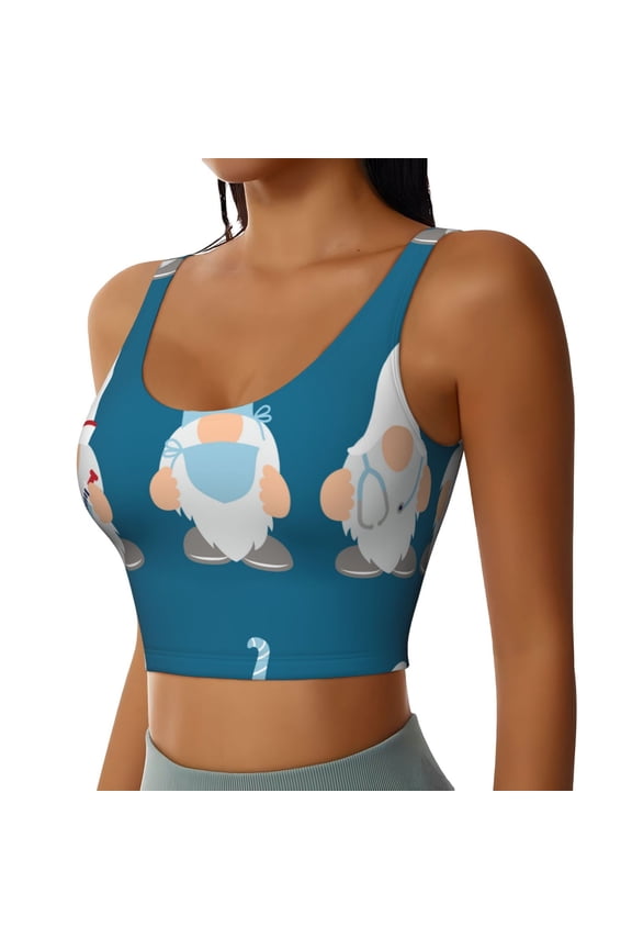 Nurse Doctor Gnomes Sports Bra for Women,Padded Strappy Sports Bras Medium Support Yoga Bra with Removable Cups,Running Yoga Bra-X-Large