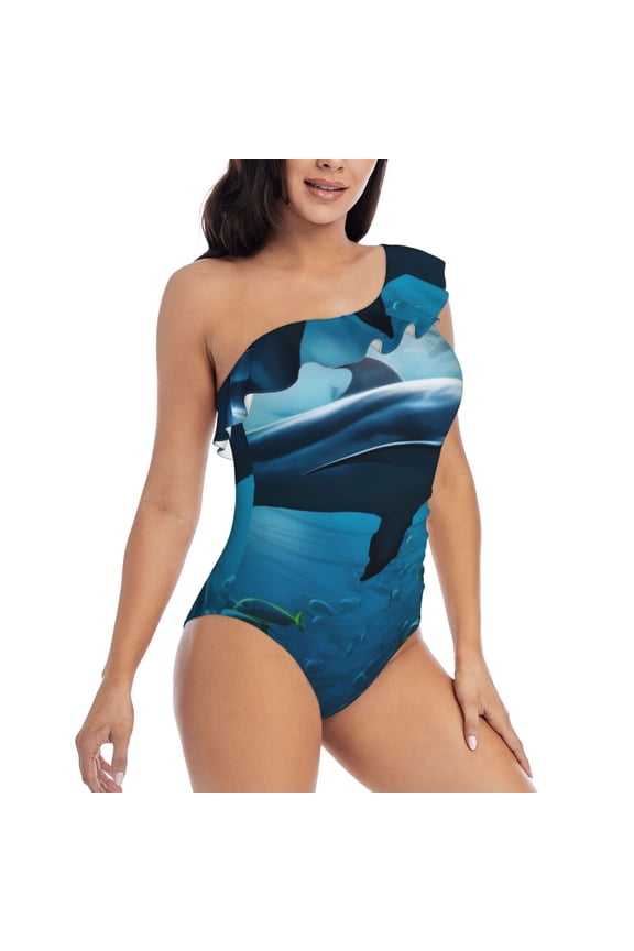 Ocean Dolphin Fish School Pattern Women's One Piece Swimsuits,One Shoulder Swimwear Asymmetric ,Ruffle Monokinis Bathing Suits,High Waisted Flattering Bathing Suits-X-Large