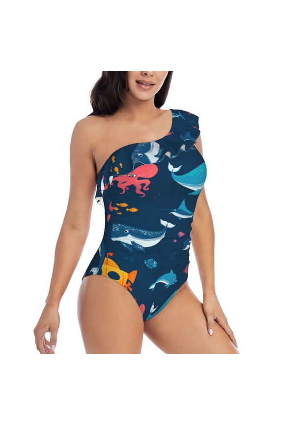 Ocean Floor Animals Pattern Women's One Piece Swimsuits,One Shoulder Swimwear Asymmetric ,Ruffle Monokinis Bathing Suits,High Waisted Flattering Bathing Suits-Medium