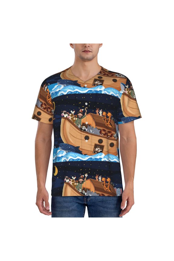 Ocean Scene with Noah's Ark Pattern Mens Polo Shirts Quick Dry Short Sleeve Golf T Shirt Performance Moisture Wicking Casual Workout Baseball T-shirt-XX-Large