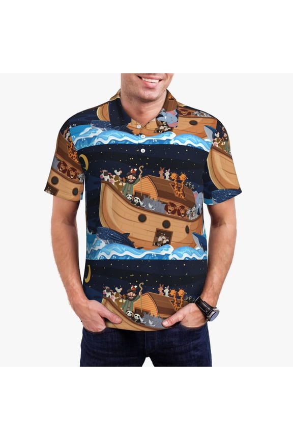 Ocean Scene with Noah's Ark Print Men's Polo Shirt, Two-Button Closure Pique Polo Shirt, Summer Fashion Golf Shirt-Small