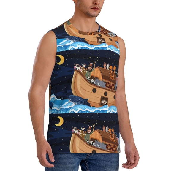 Picia Ocean Scene with Noah's Ark mens Cotton Tank Undershirts , Moisture-wicking Ribbed Tanks, Lightweight Cotton Tank Undershirts-Large