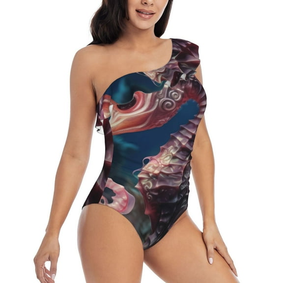 Picia Ocean Seahorse Pattern Women's One Piece Swimsuits,One Shoulder Swimwear Asymmetric ,Ruffle Monokinis Bathing Suits,High Waisted Flattering Bathing Suits-Medium