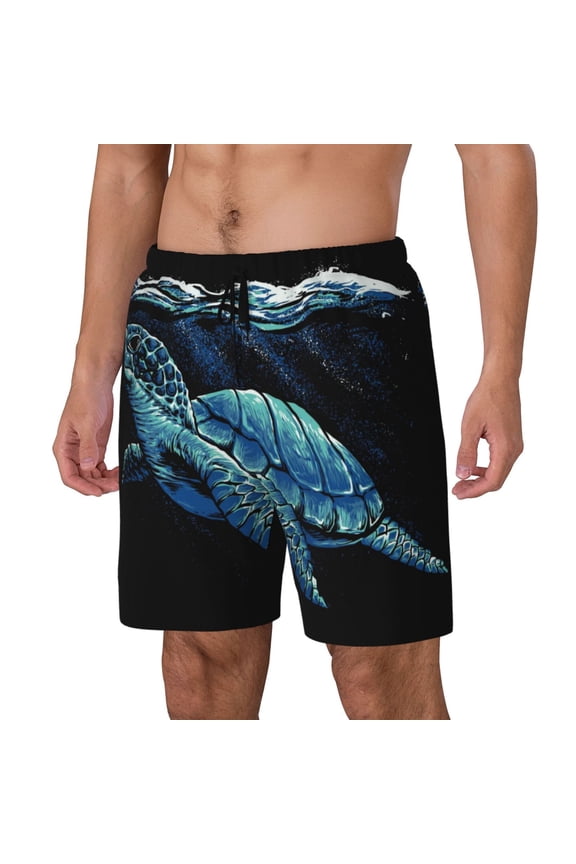 Ocean Turtle pattern Mens Swim Trunks with Compression Liner Stretch Beach Shorts Quick Dry with Zipper Pockets No-Chafing Board Shorts-Small