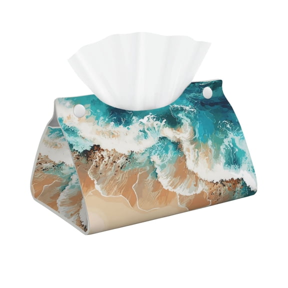 Picia Ocean Wave Crash Pattern Long Tissue Box Cover,PVC Leather Triangle Holder,Tissue Box Holder with Magnetic Bottom,Facial Paper Organizer Dispenser-7.9"X4.9"X4.5"