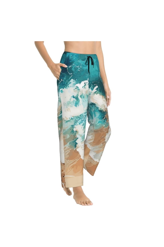 Ocean Wave Crash Womens Soft Woven Cotton Elastic Waistband Sleep Pajama Pant Lounge Sleep Pant With Pockets And Drawstring-Small