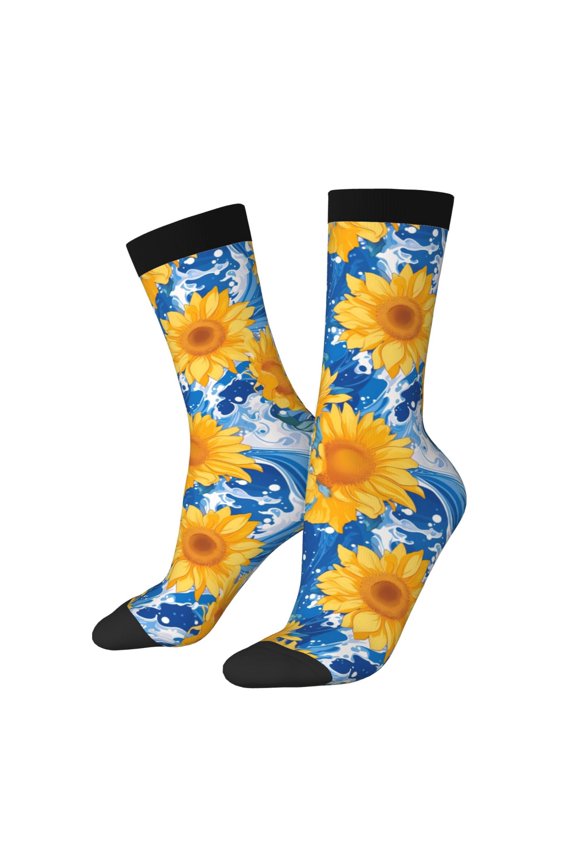 Ocean Wave Sunflower Print Athletic Socks for Men & Women – Cushioned Moisture-Wicking Crew Socks for Sports, Running, and Training, Soft & Breathable Size 5-11