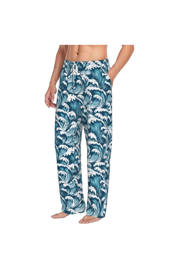 Ocean Waves Mens Soft Woven Cotton Elastic Waistband Sleep Pajama Pant Lounge Sleep Pant With Pockets And Drawstring-Small