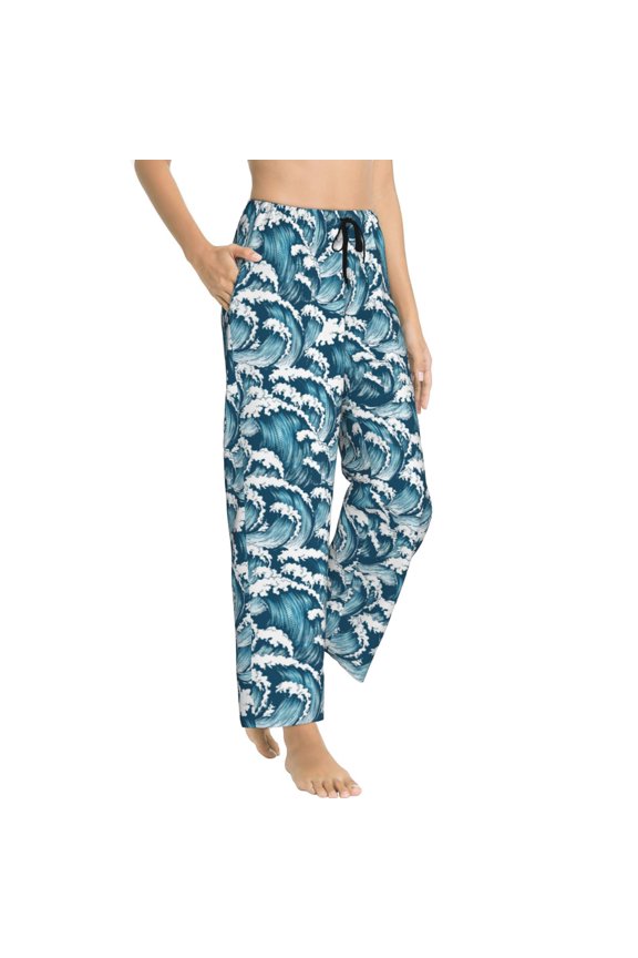 Ocean Waves Womens Soft Woven Cotton Elastic Waistband Sleep Pajama Pant Lounge Sleep Pant With Pockets And Drawstring-Small