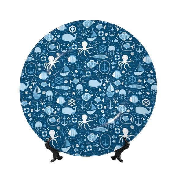 Picia Octopus And Whale Pattern Bone China Decorative Plate – Wall Decor with Stand and Adhesive, Elegant Ornament for Living Room, Office, or Entryway-7in
