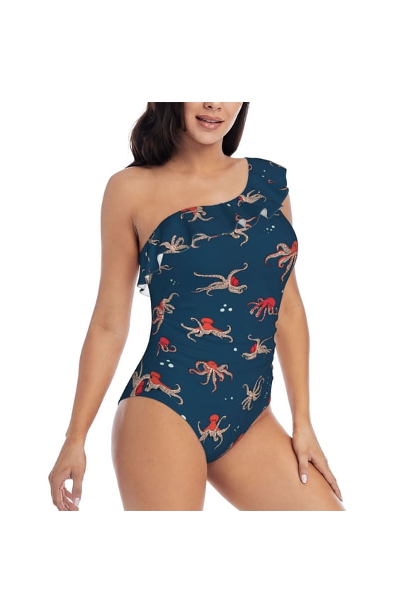 Octopus Sea Life Pattern Women's One Piece Swimsuits,One Shoulder Swimwear Asymmetric ,Ruffle Monokinis Bathing Suits,High Waisted Flattering Bathing Suits-Small