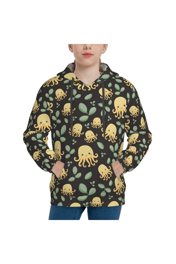 Octopuses And Leaves Pattern Youth Hoodie - Warm Pullover Sweatshirt with Kangaroo Pocket, Ideal for Boys and Girls-Medium