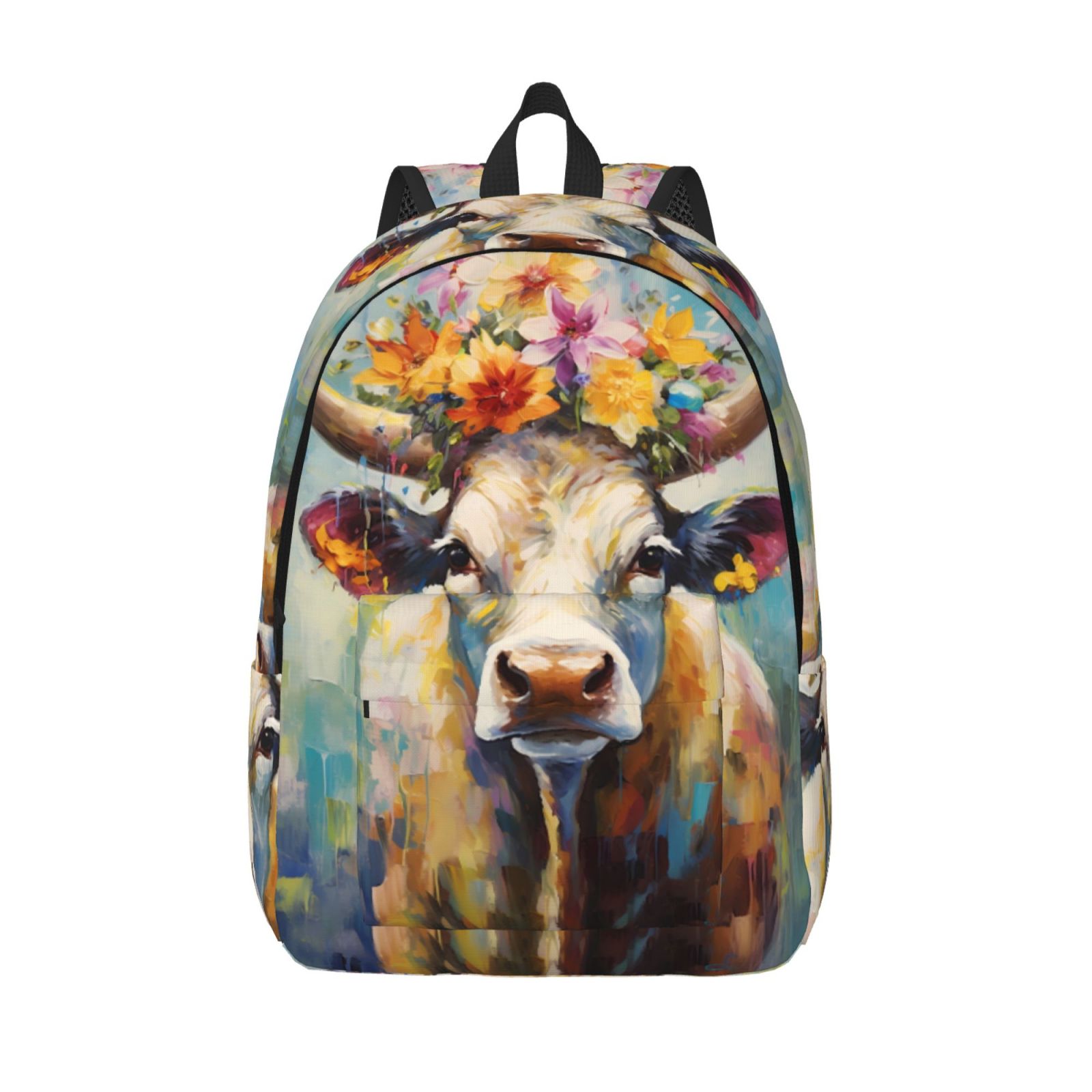 Picia Oil Painting Flower Cow Printed Canvas Daypack - Stylish and Durable Vintage Compact Backpack - Class, Work, Travel, or Laptop Bookbag,Organized Compartments-Small