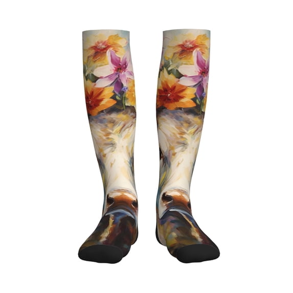 Picia Oil Painting Flower Cow Printed Sports Compression Socks - 15-20mmHg Graduated Compression, High-Performance Soft and Breathable Socks for Men and Women