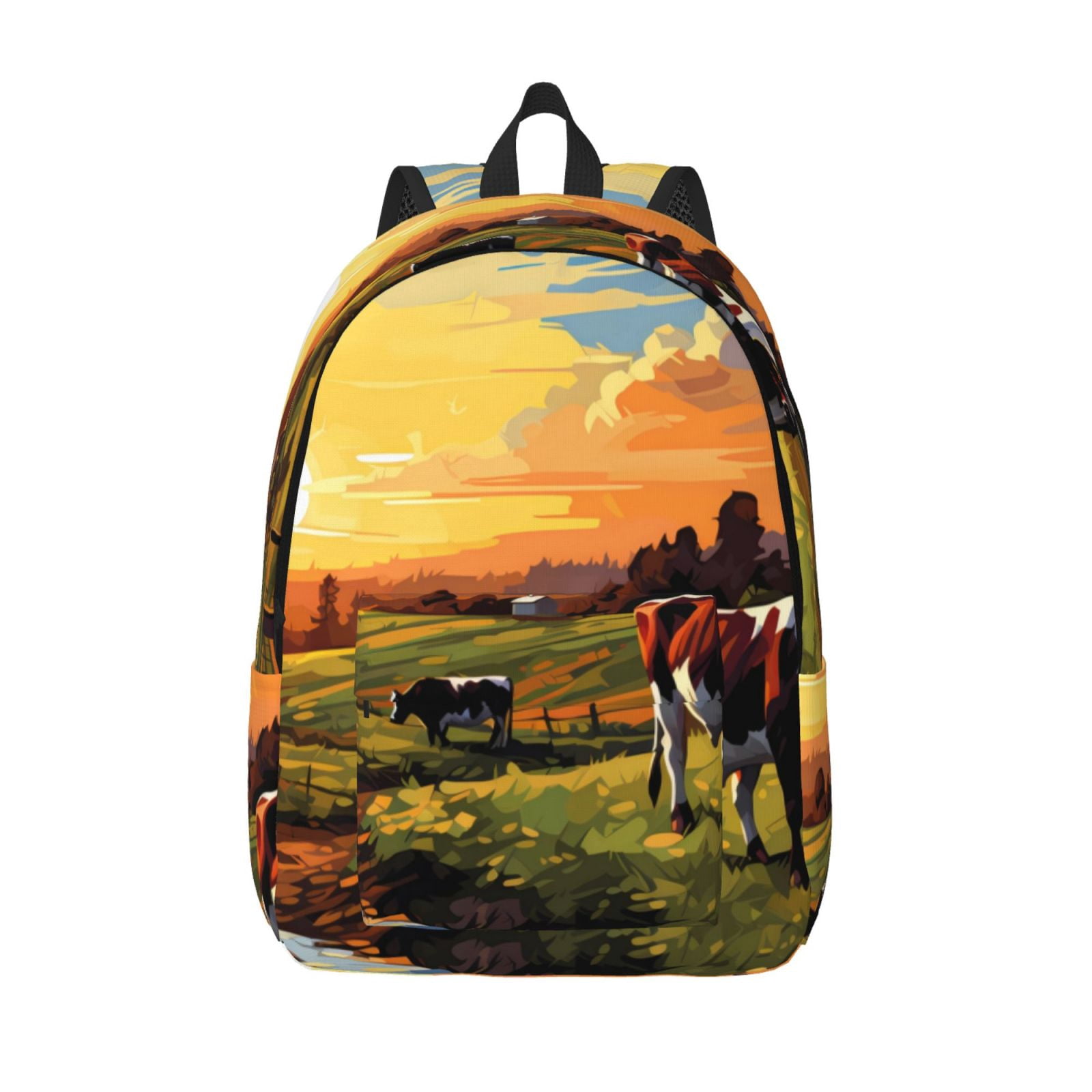 Picia Oil Painting Style Pasture Cow Printed Canvas Daypack - Stylish and Durable Vintage Compact Backpack - Class, Work, Travel, or Laptop Bookbag,Organized Compartments-Small