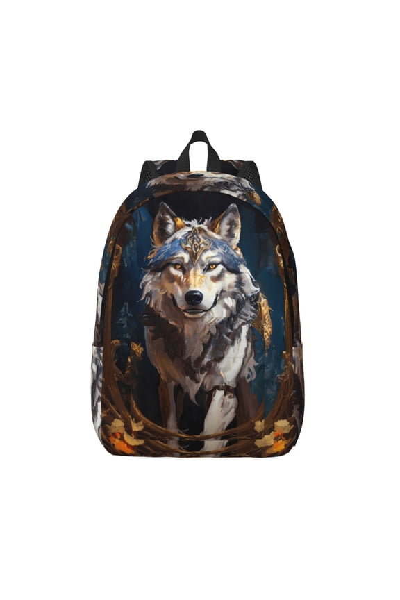 Oil Painting Tribal Wolf Printed Canvas Daypack - Stylish and Durable Vintage Compact Backpack - Class, Work, Travel, or Laptop Bookbag,Organized Compartments-Small