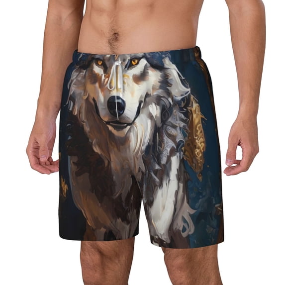 Picia Oil Painting Tribal Wolf pattern Mens Swim Trunks with Compression Liner Stretch Beach Shorts Quick Dry with Zipper Pockets No-Chafing Board Shorts-Large