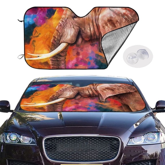 Picia Oil Paintings of Elephants Curved Windshield Sunshade Accordion Folding Style Auto Shade for Car Truck SUV Van Blocks UV Ray Sun Visor Protector -Small