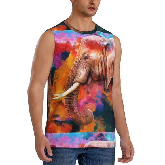 Picia Oil Paintings of Elephants mens Cotton Tank Undershirts , Moisture-wicking Ribbed Tanks, Lightweight Cotton Tank Undershirts-3X-Large